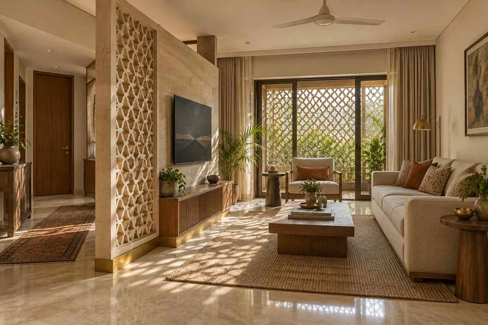 AI-generated living room design concept: freestanding media divider, sandstone lattice direction