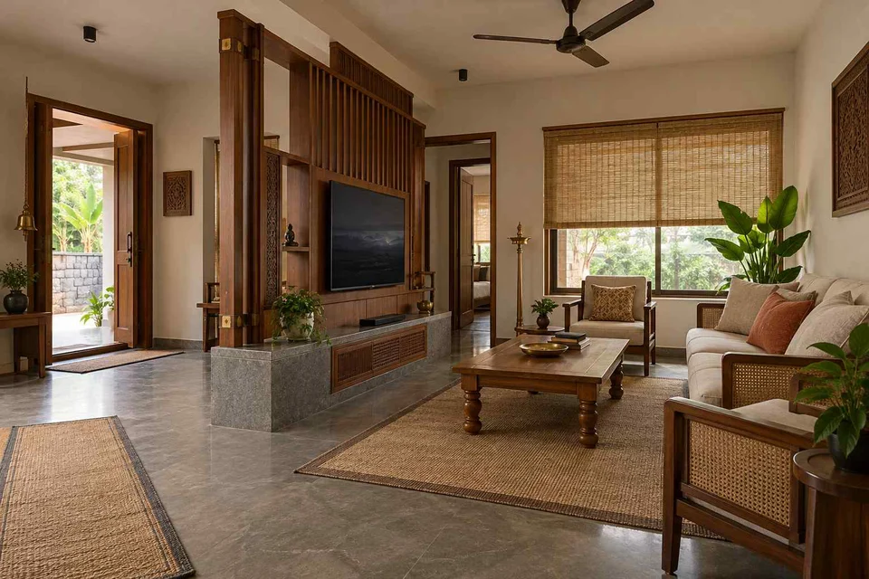 AI-generated living room design concept: freestanding media divider, teak craft direction