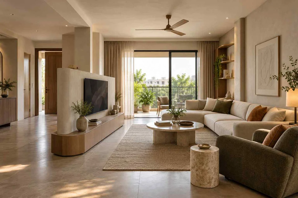 AI-generated living room design concept: freestanding media divider, textured mineral direction