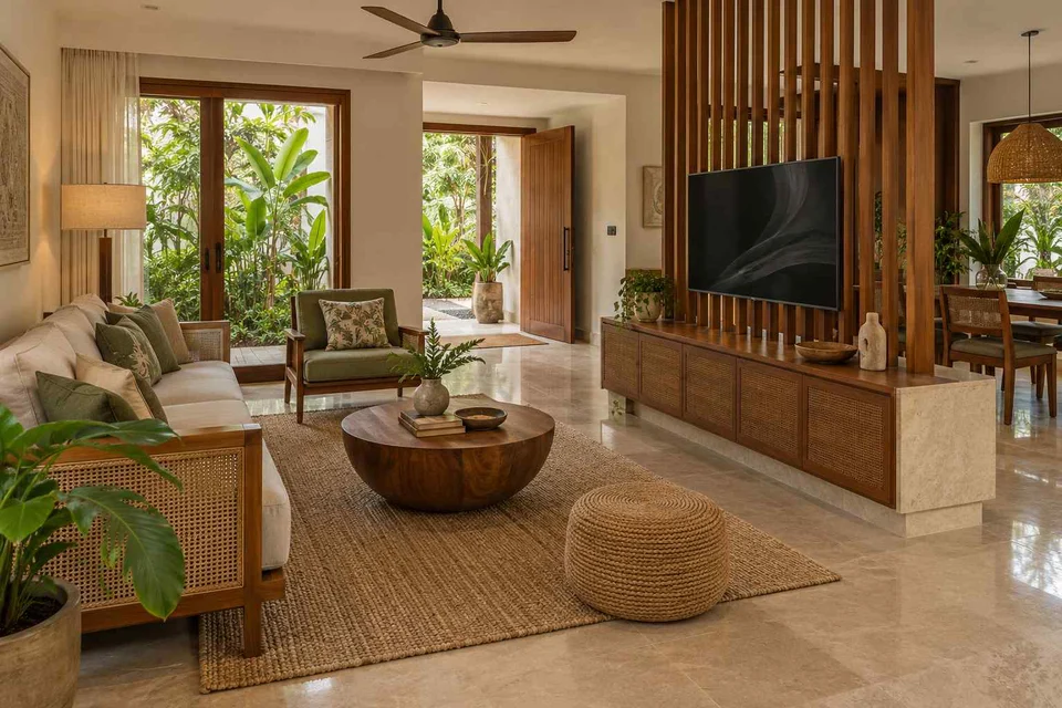 AI-generated living room design concept: freestanding media divider, tropical slatted direction