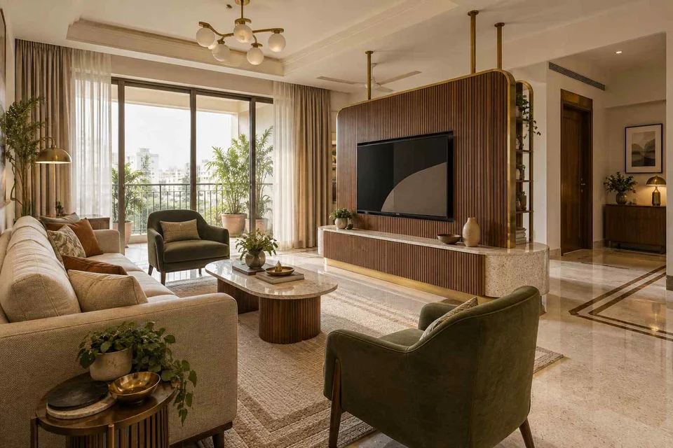 AI-generated living room design concept: freestanding media divider, urban deco direction