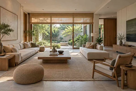 AI-generated living room design concept: garden pavilion living, ash and linen direction