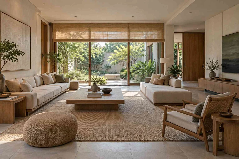 AI-generated living room design concept: garden pavilion living, ash and linen direction