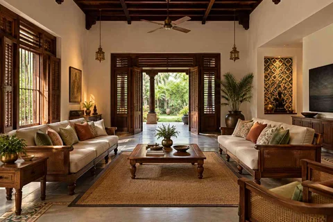 AI-generated living room design concept: garden pavilion living, chettinad tile direction