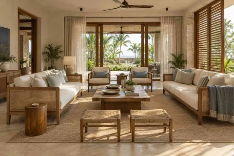 AI-generated living room design concept: garden pavilion living, coastal woven direction