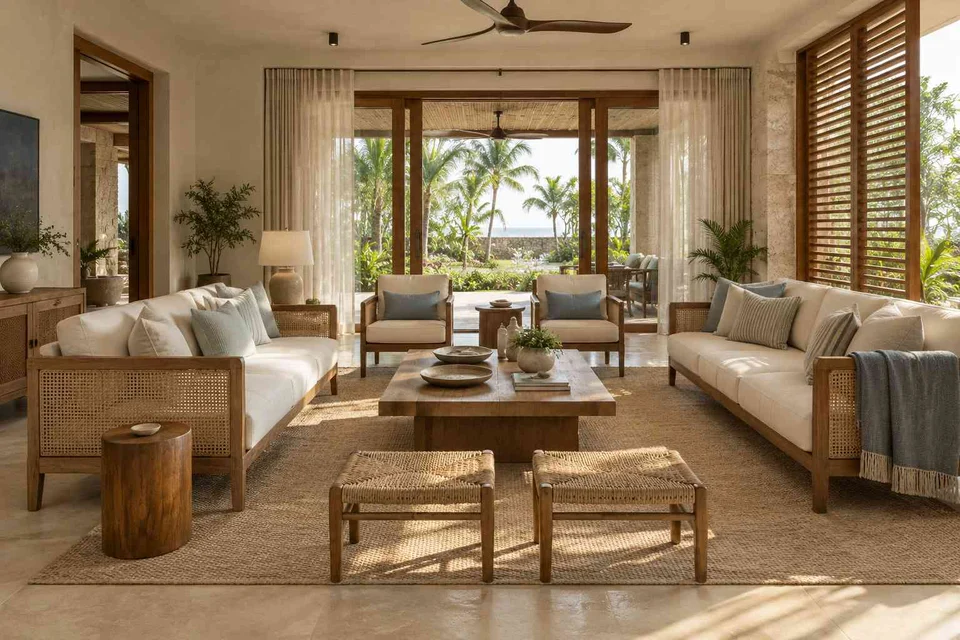 AI-generated living room design concept: garden pavilion living, coastal woven direction