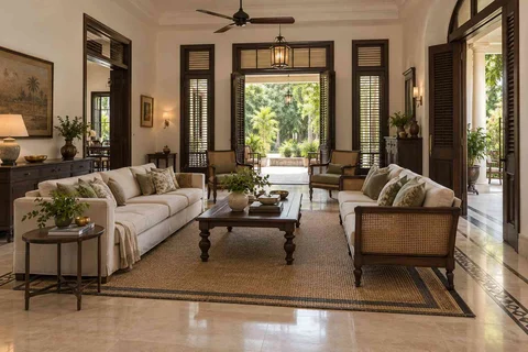 AI-generated living room design concept: garden pavilion living, colonial quiet direction