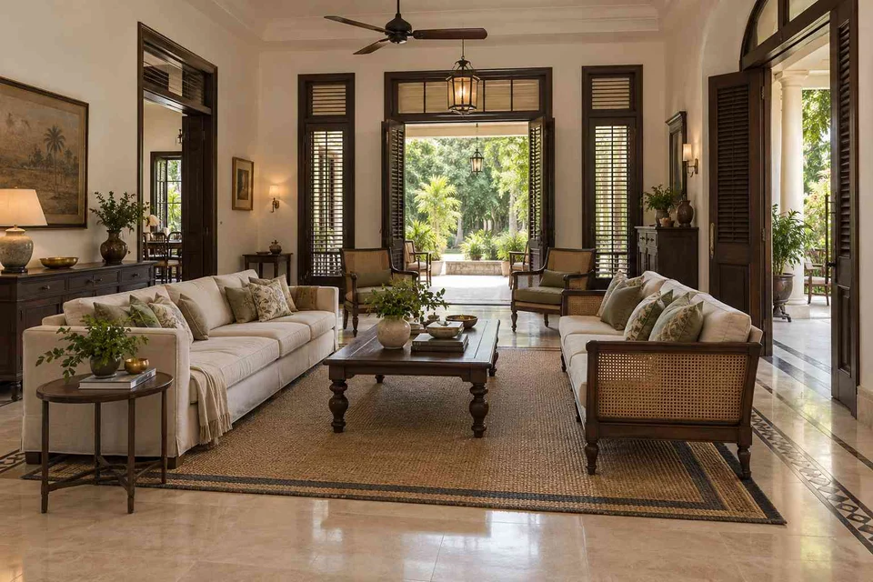 AI-generated living room design concept: garden pavilion living, colonial quiet direction