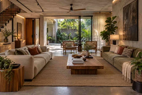 AI-generated living room design concept: garden pavilion living, concrete and oak direction
