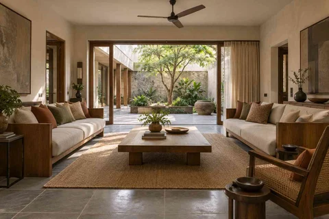 AI-generated living room design concept: garden pavilion living, courtyard modern direction