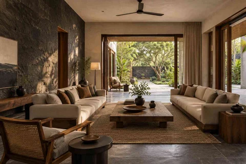 AI-generated living room design concept: garden pavilion living, deccan stone direction