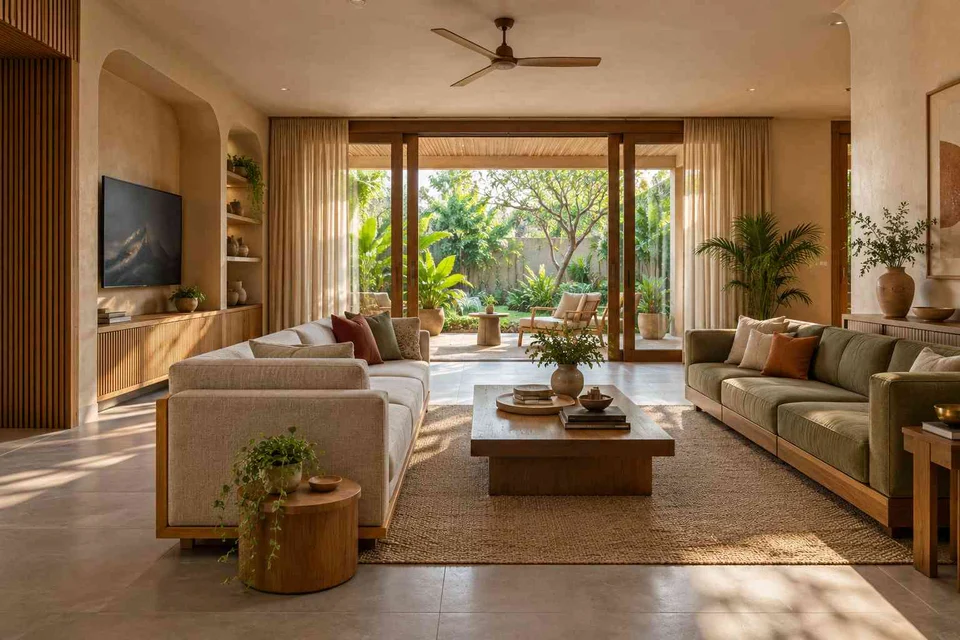 AI-generated living room design concept: garden pavilion living, earth and bamboo direction