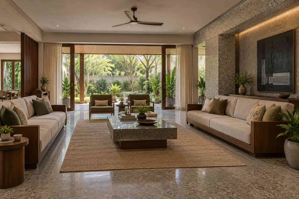 AI-generated living room design concept: garden pavilion living, granite precision direction