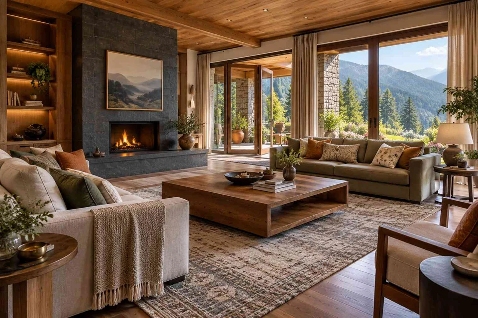 AI-generated living room design concept: garden pavilion living, hill timber direction