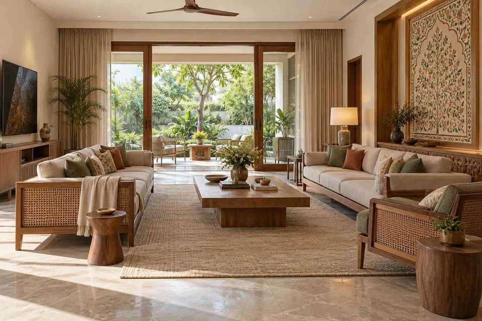 AI-generated living room design concept: garden pavilion living, inlay atelier direction