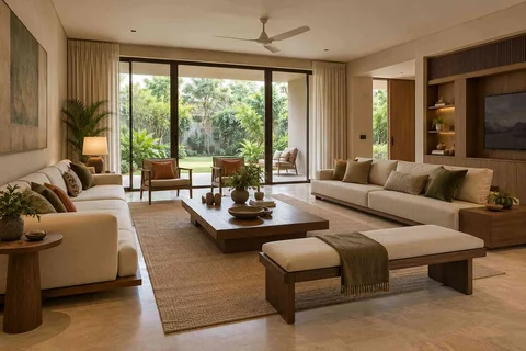 AI-generated living room design concept: garden pavilion living, lime and walnut direction