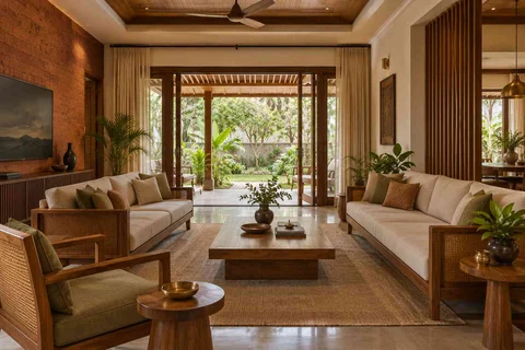 AI-generated living room design concept: garden pavilion living, malabar timber direction