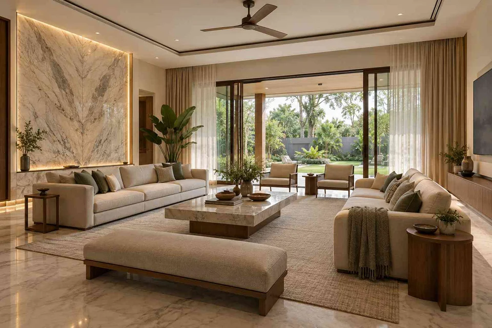 AI-generated living room design concept: garden pavilion living, marble restraint direction