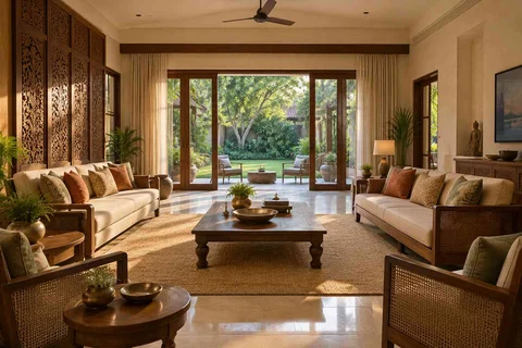 AI-generated living room design concept: garden pavilion living, modern carved direction
