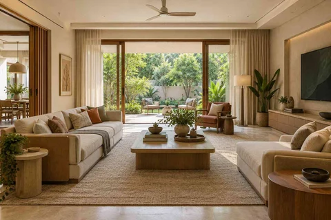AI-generated living room design concept: garden pavilion living, quiet contemporary direction