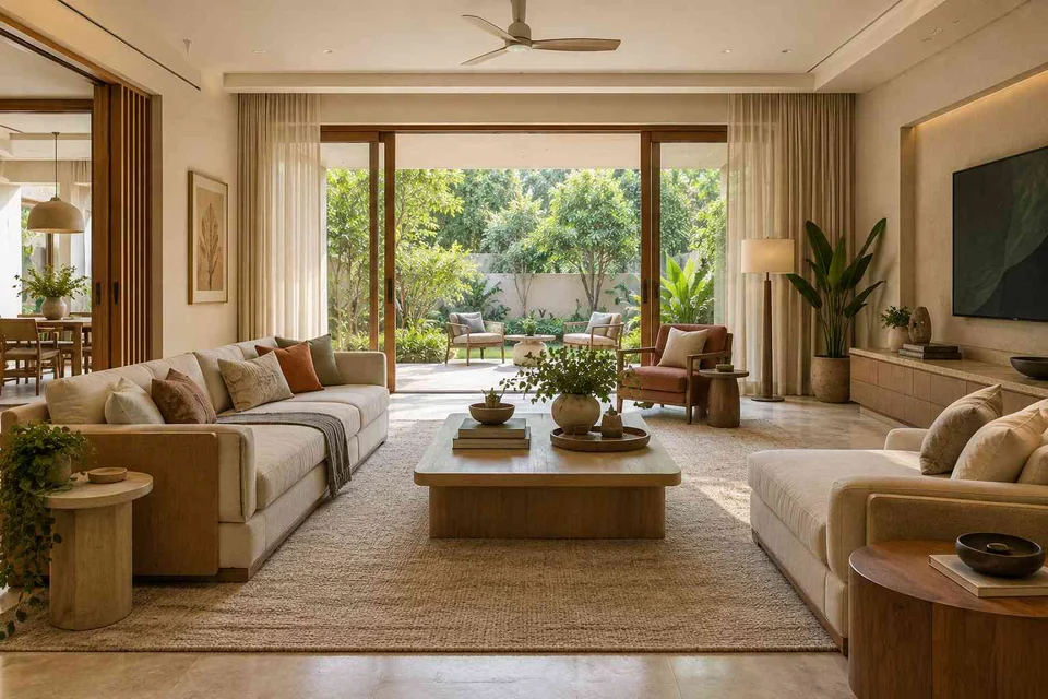 AI-generated living room design concept: garden pavilion living, quiet contemporary direction