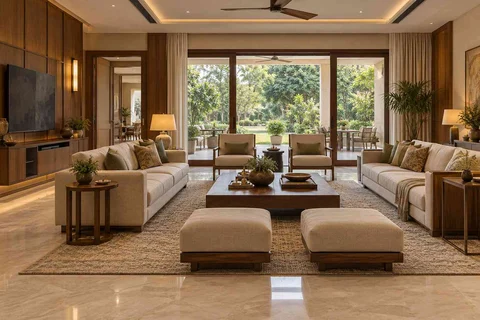 AI-generated living room design concept: garden pavilion living, quiet transitional direction