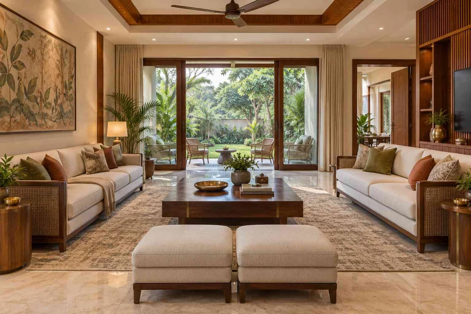 AI-generated living room design concept: garden pavilion living, rosewood brass direction