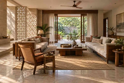 AI-generated living room design concept: garden pavilion living, sandstone lattice direction