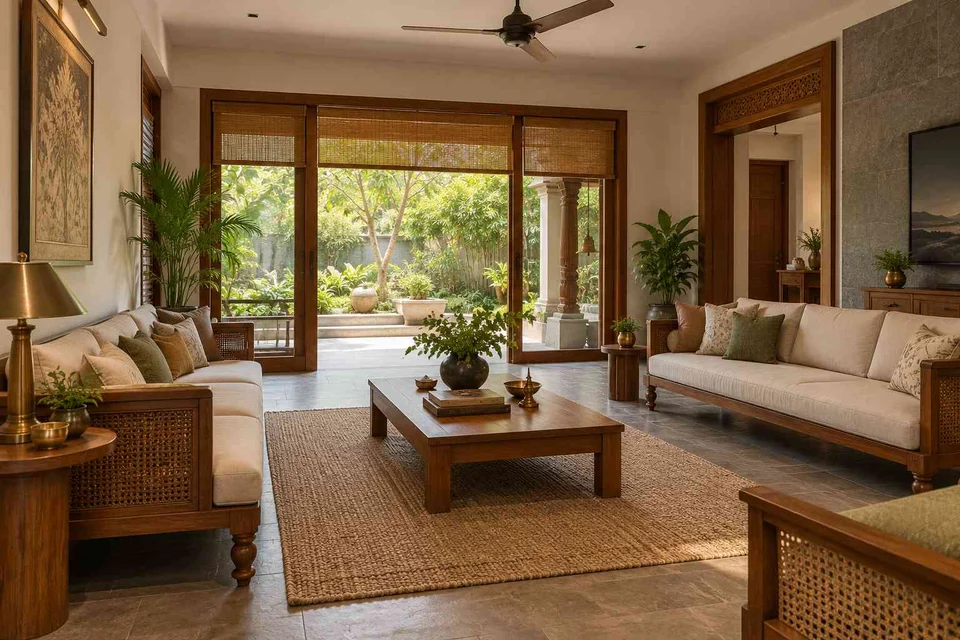 AI-generated living room design concept: garden pavilion living, teak craft direction