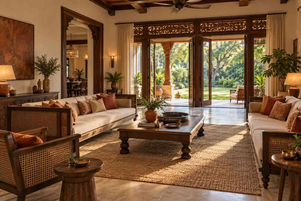 AI-generated living room design concept: garden pavilion living, terracotta heritage direction