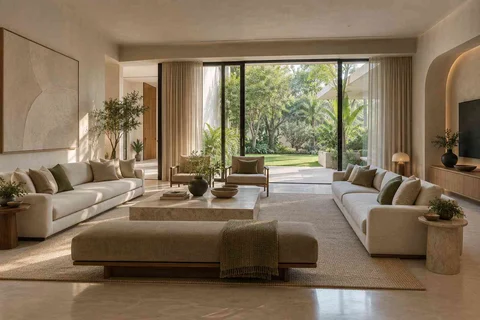 AI-generated living room design concept: garden pavilion living, textured mineral direction