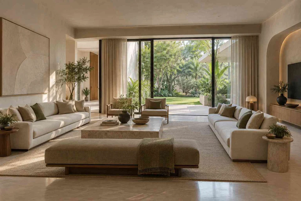 AI-generated living room design concept: garden pavilion living, textured mineral direction