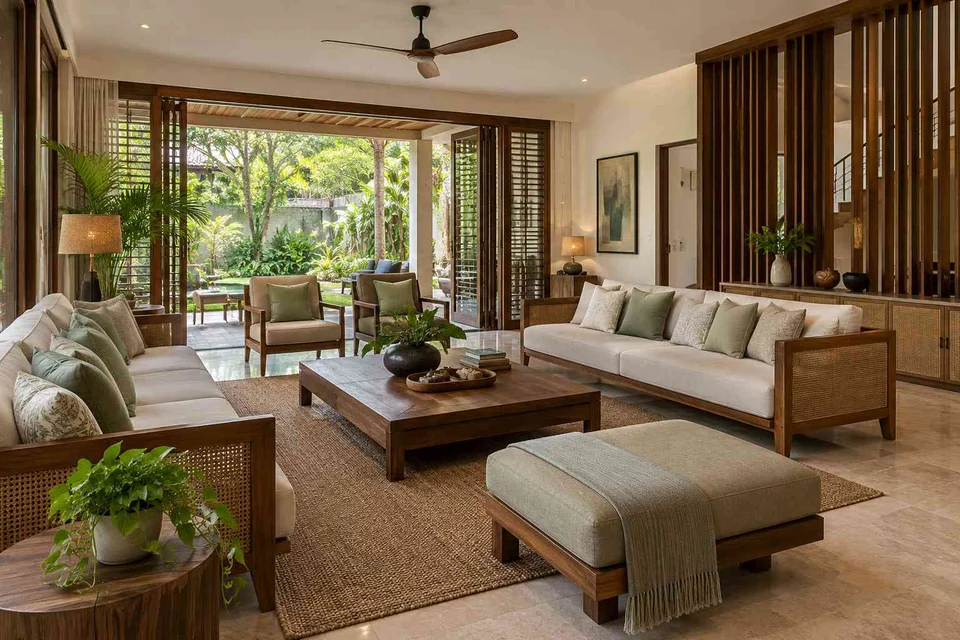 AI-generated living room design concept: garden pavilion living, tropical slatted direction