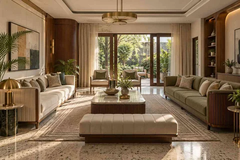 AI-generated living room design concept: garden pavilion living, urban deco direction