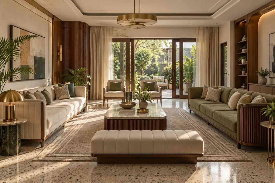 AI-generated living room design concept: garden pavilion living, urban deco direction