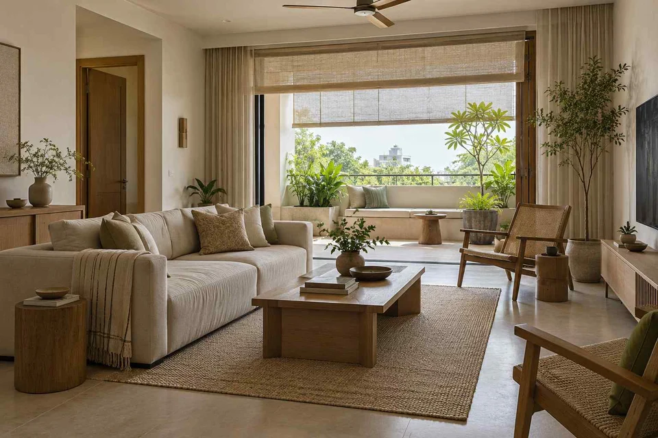 AI-generated living room design concept: indoor verandah lounge, ash and linen direction