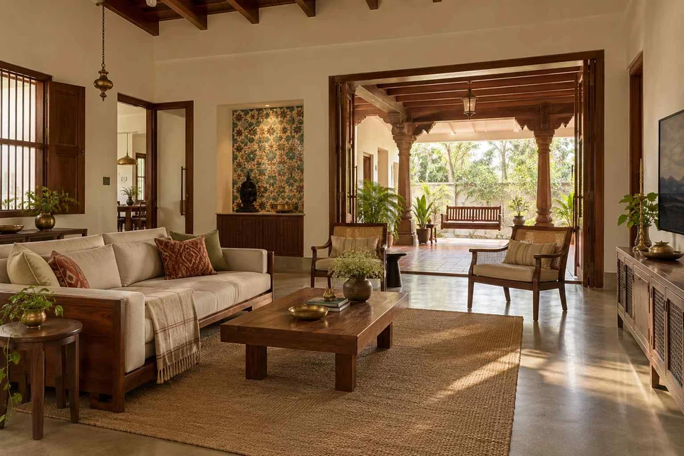 AI-generated living room design concept: indoor verandah lounge, chettinad tile direction