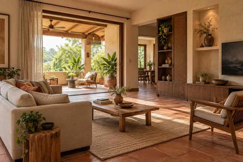 AI-generated living room design concept: indoor verandah lounge, clay artisan direction