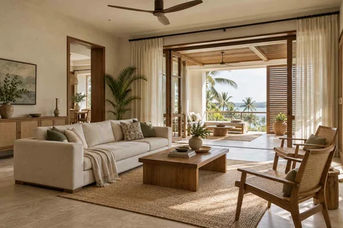 AI-generated living room design concept: indoor verandah lounge, coastal woven direction