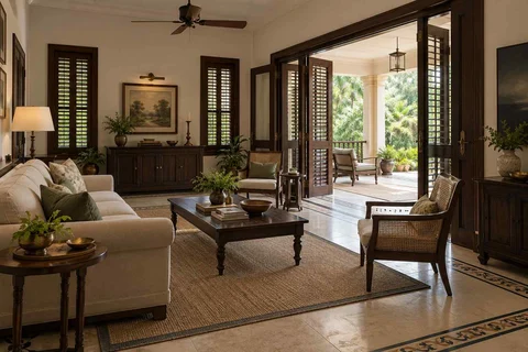 AI-generated living room design concept: indoor verandah lounge, colonial quiet direction