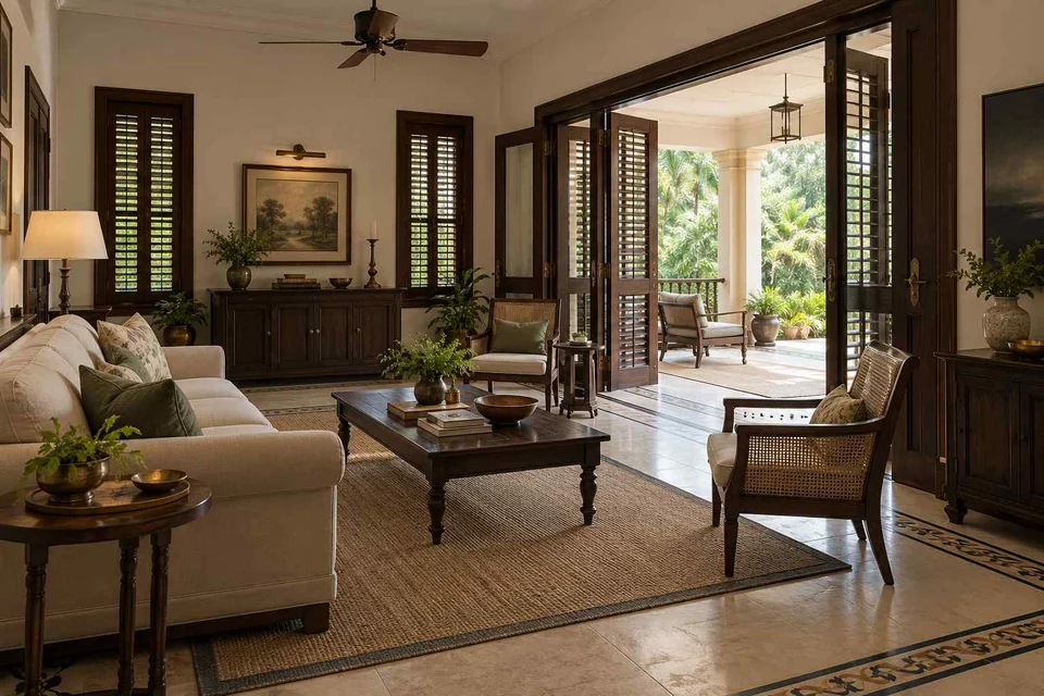AI-generated living room design concept: indoor verandah lounge, colonial quiet direction