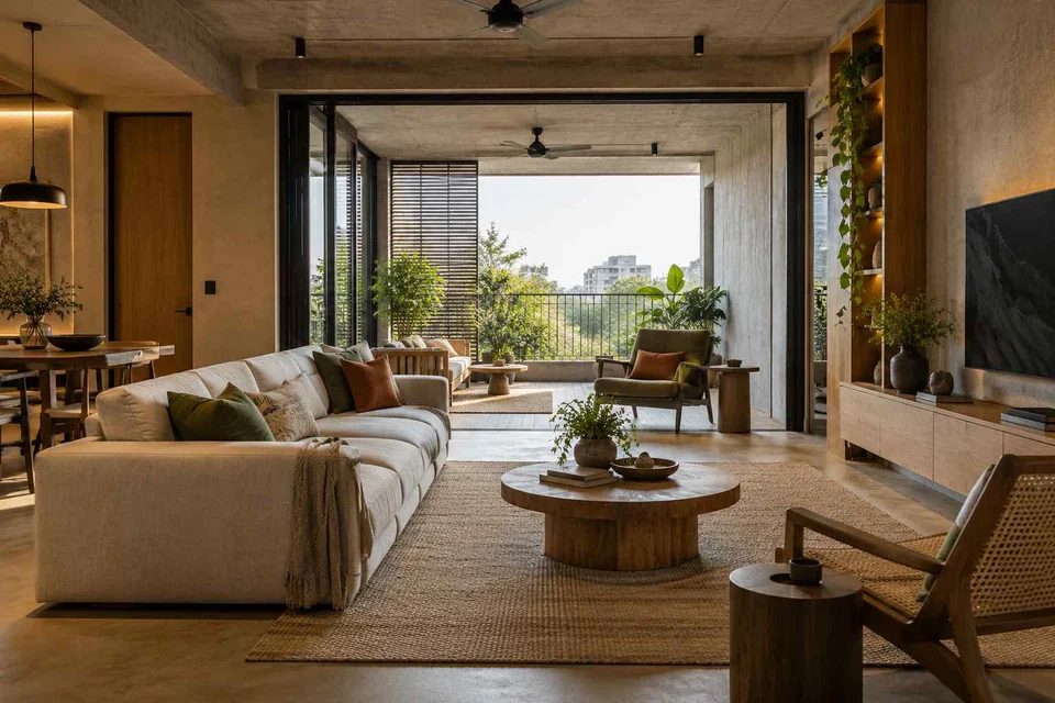 AI-generated living room design concept: indoor verandah lounge, concrete and oak direction