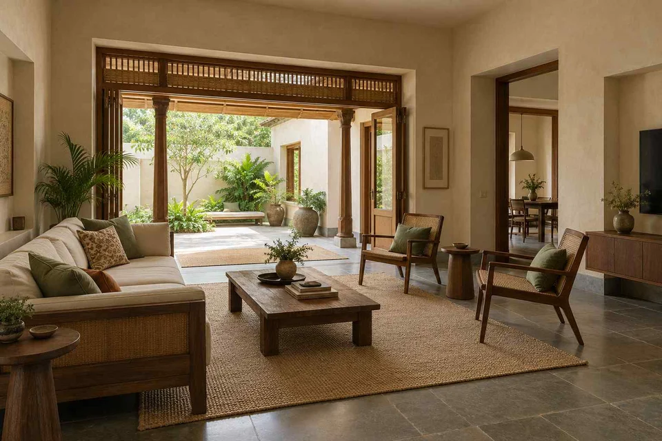 AI-generated living room design concept: indoor verandah lounge, courtyard modern direction