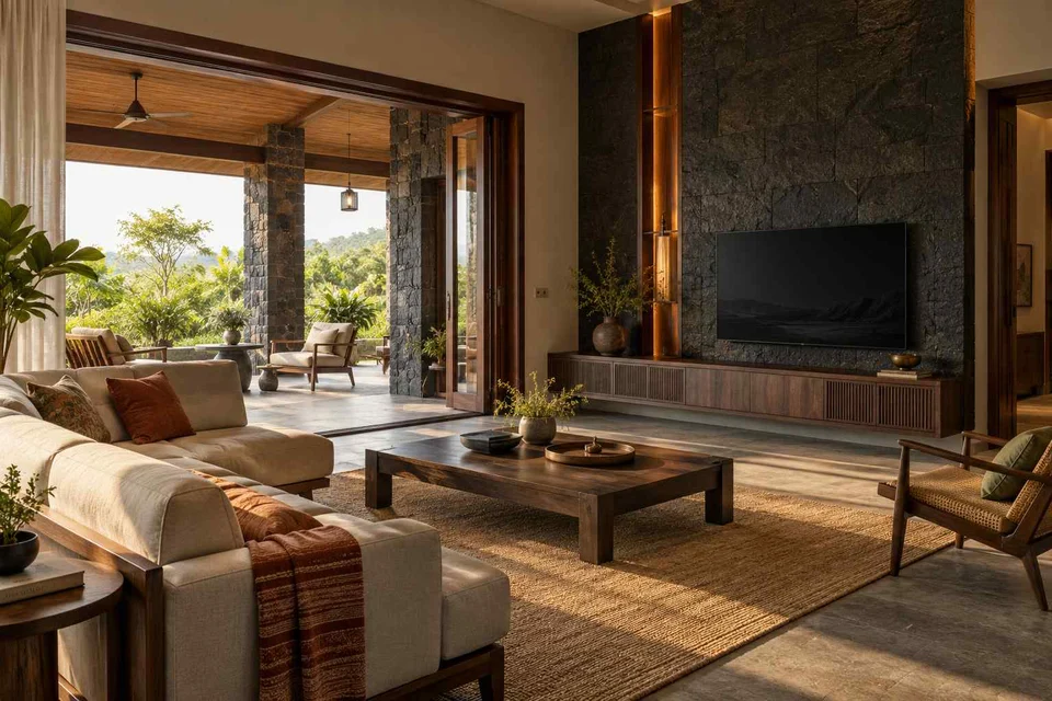 AI-generated living room design concept: indoor verandah lounge, deccan stone direction