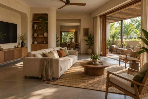 AI-generated living room design concept: indoor verandah lounge, earth and bamboo direction