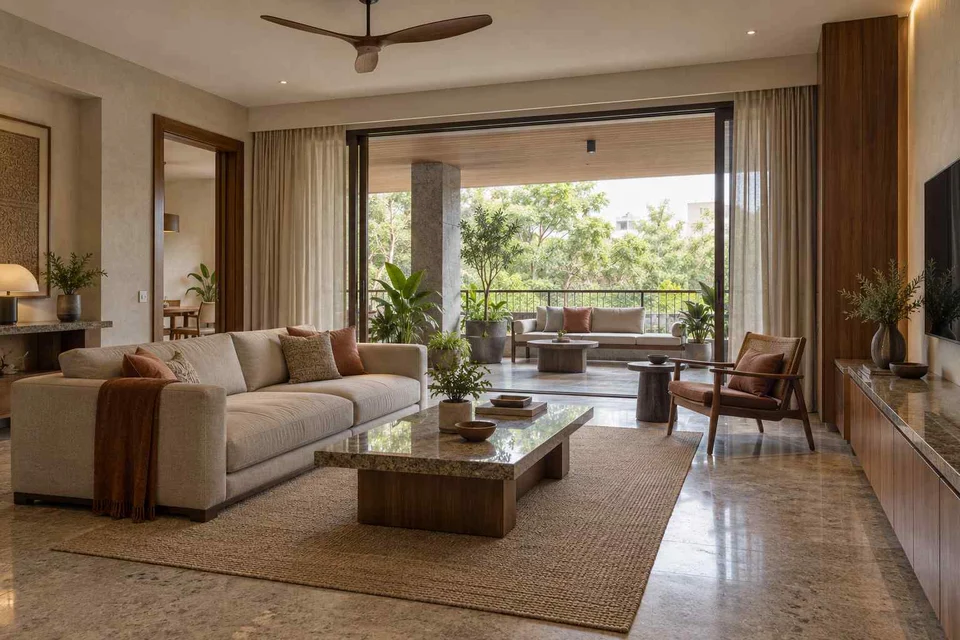AI-generated living room design concept: indoor verandah lounge, granite precision direction