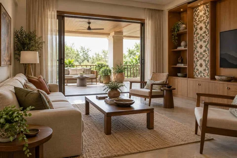 AI-generated living room design concept: indoor verandah lounge, inlay atelier direction