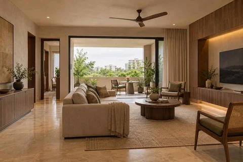 AI-generated living room design concept: indoor verandah lounge, lime and walnut direction