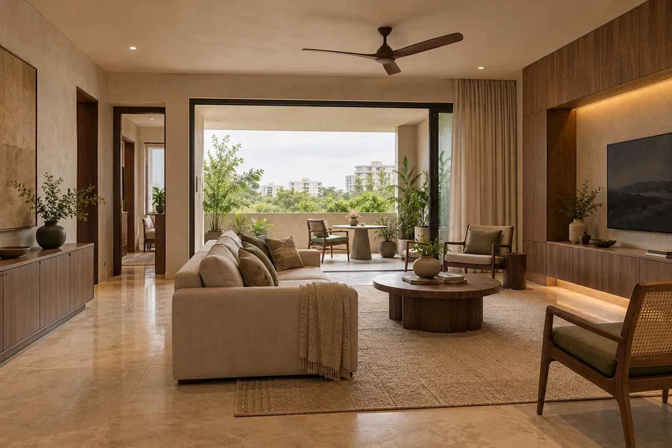 AI-generated living room design concept: indoor verandah lounge, lime and walnut direction