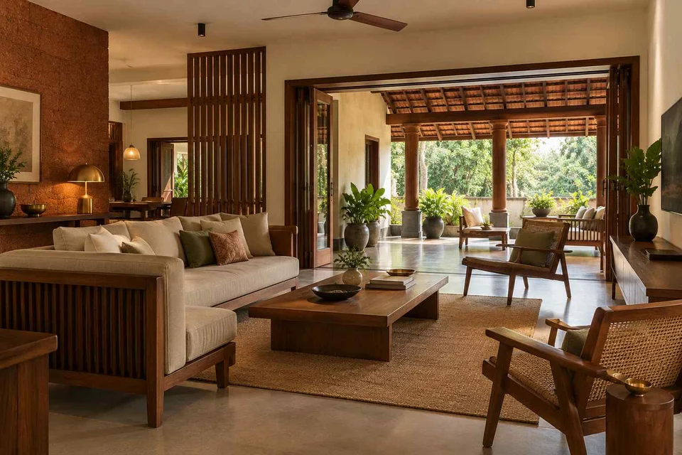 AI-generated living room design concept: indoor verandah lounge, malabar timber direction